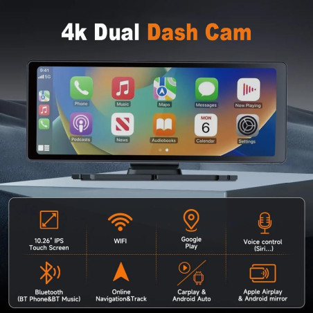 Universalus CarPlay ir Android Auto monitorius automobiliui Powermax su atbulinės eigos kamera