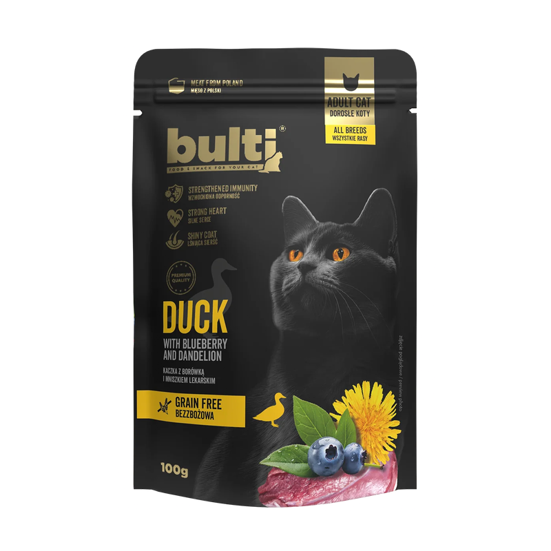 Šlapias kačių ėdalas BULTI Superfood antis su šilauogėmis ir kiaulpienėmis 100g