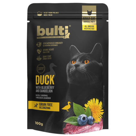 Šlapias kačių ėdalas BULTI Superfood antis su šilauogėmis ir kiaulpienėmis 100g