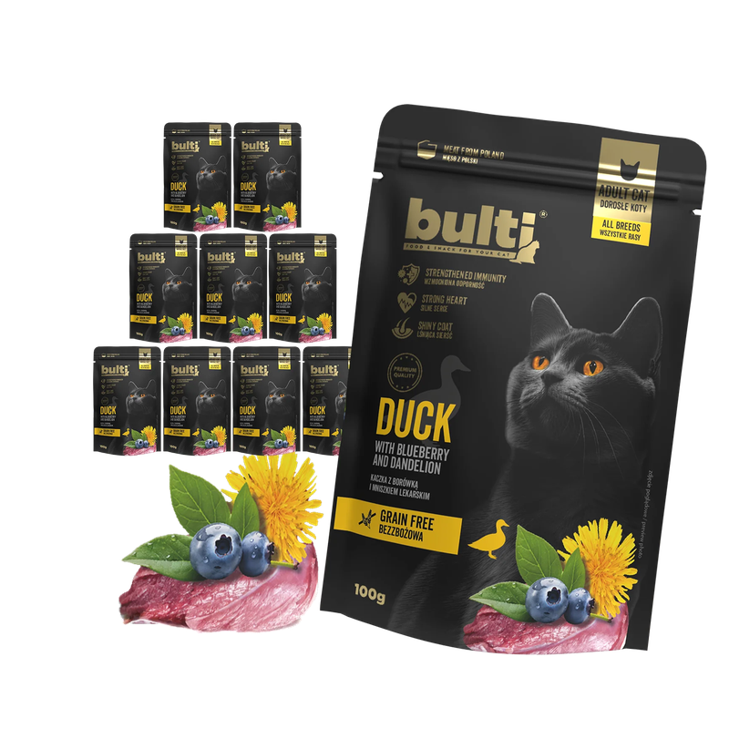 Šlapias kačių ėdalas BULTI Superfood antis su šilauogėmis ir kiaulpienėmis 10vnt 100g