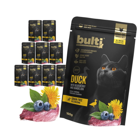 Šlapias kačių ėdalas BULTI Superfood antis su šilauogėmis ir kiaulpienėmis 10vnt 100g