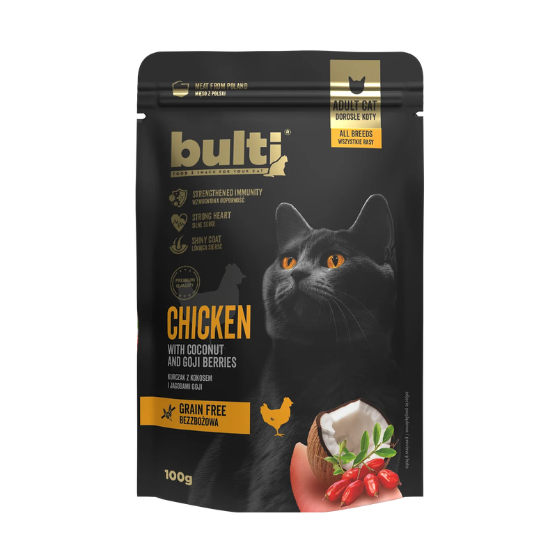 Mokra karma dla kotów BULTI Superfood z kurczakiem, kokosem i jagodami goji 100g Mokra karma dla kotów BULTI Superfood z kurczakiem, kokosem i jagodami goji 100g