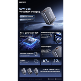 Telefonilaadija REMAX GAN U2-AC67W 67W USB+USBC + digitaalne ekraan